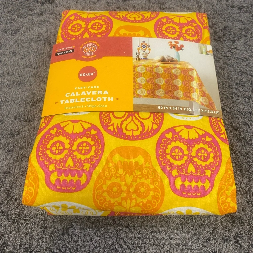 Calavera Day of the Dead Tablecloths - Bright Yellow & Pink Skull Print-Set of 2